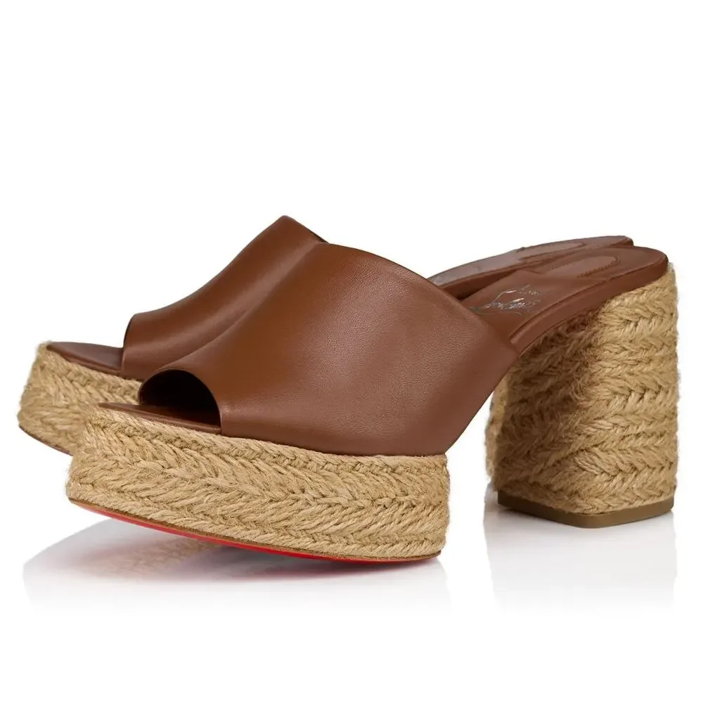 Christian Louboutin Calakala Mule 85 Brown Leather Block Heel Platform Sandal 40